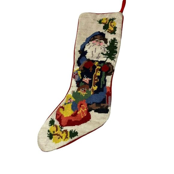 Needlepoint Tapestry Christmas Stocking Santa With Toys 19" Tall - Picture 1 of 5